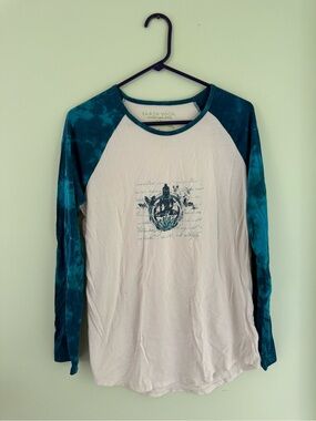 Earth Yoga Cream Top with Teal Tie-Dye Raglan Sleeves